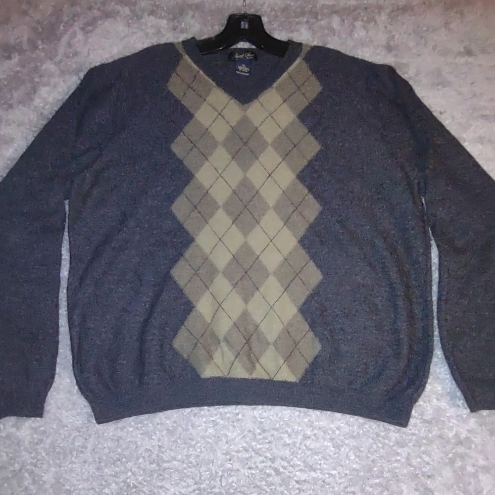 Garret Scott Mens XL Merino Wool Sweater Argyle V-Neck Gray Tan RN-49478 Fall